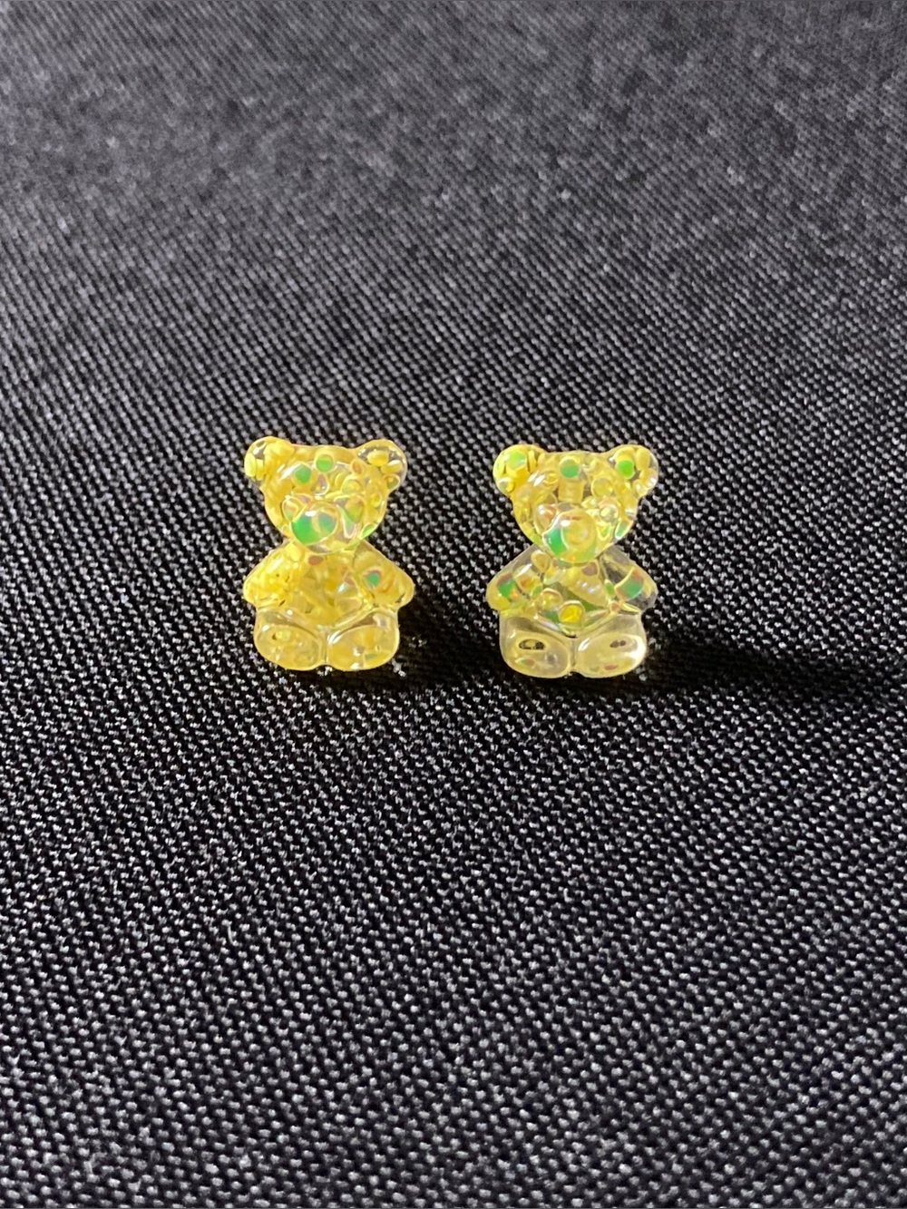 Handmade Resin Yellow And Green Glittery Mini Teddy Bear Stud Earrings